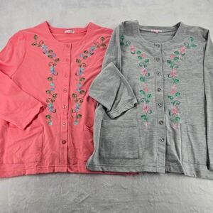 Palm Harbor Cardigan Women XL Embroidered Button Front Pink Gray Cotton Blend